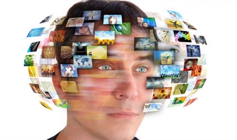 Abstract image of young man experiencing information overload.